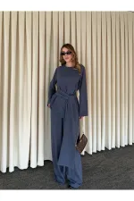 Ensemble chemisier et pantalon indigo avec ceinture et détails en dentelle - 8006