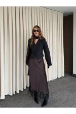 Kahverengi Puantiyeli Saten Etek Ucu Dantelli Etek - 50228