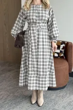 Stone Plaid Belted Long Dress - 1235 Stone Plaid Belted Long Dress - 1235