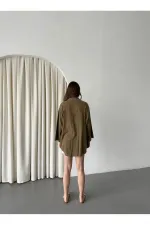Olive %100 Keten Bağcık Detaylı Kimono Bluz - 5218
