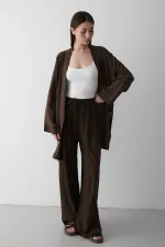 Kahverengi %100 Pamuk Cep Detaylı Kuşaklı Kimono Takım - 8491