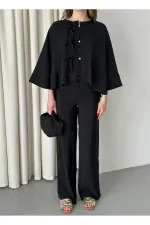 Ensemble chemisier et pantalon noirs avec détails de surpiqûres au col - 9002