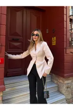 Bej Asimetrik Kesim Kuşaklı Ceket - 3001