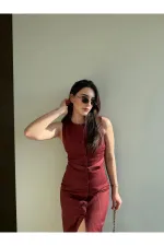 Bordo Düğmeli Kemerli Gabardin Elbise - 5002