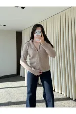 Bej Balıkçı Yaka Çift Fermuarlı Hırka - 251108