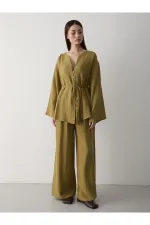 Haki Çok Düğmeli %100 Pamuk Gömlek Pantolon Takım