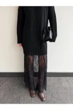 Siyah Tül Detaylı Uzun Triko Elbise - 251009