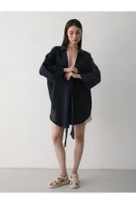 Lacivert Flam Keten Kimono Gömlek