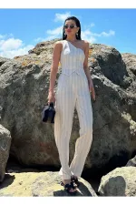 Natural Black Striped One-Shoulder Vest and Trousers Set Natural Black Striped One-Shoulder Vest and Trousers Set