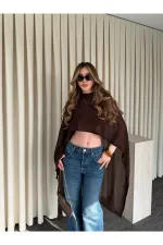 Kahverengi Muadil Tasarım Triko Pelerin Şal - 5241