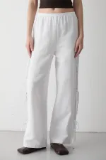 White 100% Cotton Trousers with Side Slit and Tie Detail
