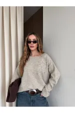 Bej Taş İşlemeli Kayık Yaka Kazak - 251189