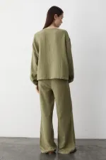 Haki %100 Pamuk Bağlamalı Bluz Pantolon Takım