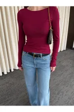 Bordo Bisiklet Yaka Uzun Kollu Body - 0098