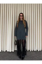 Antrasit Tül Detaylı Uzun Triko Elbise - 251009