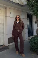 Ensemble de survêtement marron avec détail t-shirt et taille élastique - 0740