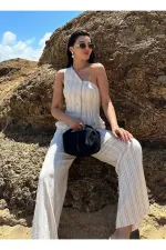 Natural Black Striped One-Shoulder Vest and Trousers Set Natural Black Striped One-Shoulder Vest and Trousers Set