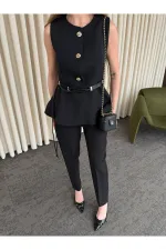 Siyah Kemerli Düğmeli Yelek - 9682