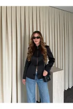 Siyah Tasarım Düğmeli Parlak Kumaş Military Ceket - 1411