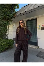 Kahverengi Taşlı Bluz Pantolon Takım - 0766