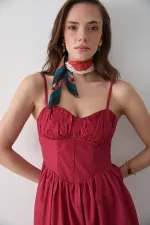 Kırmızı Bel Detaylı Poplin Elbise - 2001