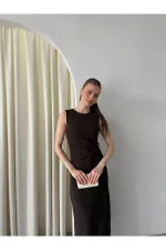 Kahverengi Gold Tokalı Elbise