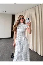 Beyaz Puantiyeli Uzun Elbise - 5092