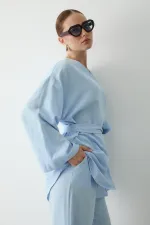 Mavi Pamuklu Düğme Detaylı Kemerli Keten Kimono