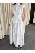 Ekru Vatkalı Puantiyeli Elbise - 2607