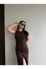 Kahverengi Düğmeli Kemerli Gabardin Elbise - 5002