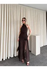 Kahverengi Gül Detaylı Şifon Elbise - 2485