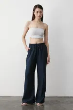 Navy Blue Wide Leg Trousers with Elastic Waistband