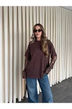 Brown Blouse with Lace Sleeves - 1049