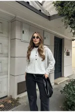 Gri Düğmeli Bisiklet Yaka Triko Kazak - 2464