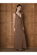 Robe de plage marron à motif zigzag - 7247