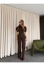 Ensemble chemisier et pantalon asymétrique marron à manches ballon - 25194