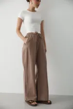 Milk Coffee Wide Leg Trousers with Elastic Waistband - 2813