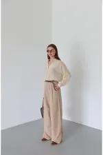 Pantalon beige en maille avec ceinture - 51150