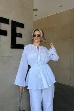 Beyaz Bel Detaylı Vual Keten Gömlek