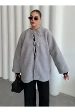 Grey Front Tie Teddy Jacket