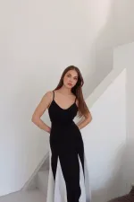 Black and White Long Dress with Adjustable Straps - 0205