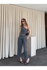 Gri Tek Omuz Tasarım Yaka Bluz Pantolon Takım - 8003