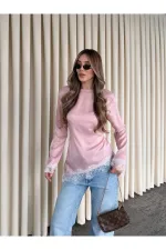 Pembe Saten Asimetrik Dantelli Bluz - 0320