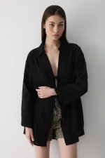 Black 100% Cotton Linen Kimono Blouse with Lace Detail