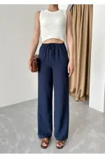 Pantalon bleu marine en coton et lin avec taille élastiquée