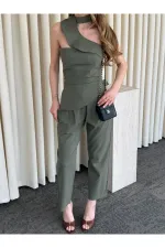 Haki Tek Omuz Tasarım Yaka Bluz Pantolon Takım - 8003