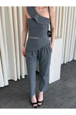 Gri Tek Omuz Tasarım Yaka Bluz Pantolon Takım - 8003