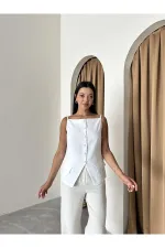 White 100% Cotton Thin Strap Vest with Pocket and Button Details White 100% Cotton Thin Strap Vest with Pocket and Button Details