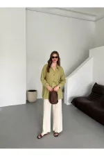 Chemise kaki 100 % coton à boutons croisés avec ceinture