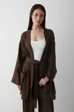Kahverengi %100 Pamuk Cep Detaylı Kuşaklı Kimono Takım - 8491